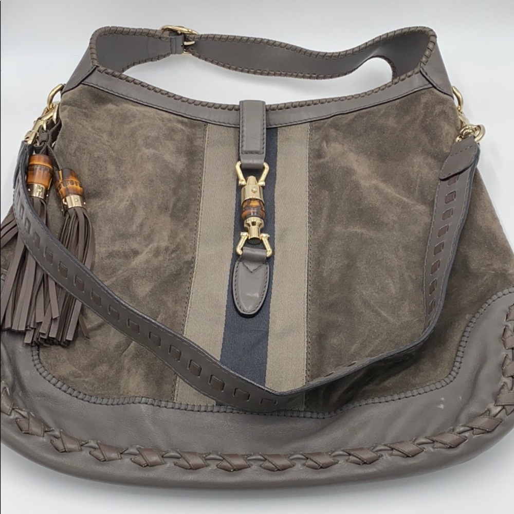Gucci Gray Suede Shoulder Bag Bamboo Tassel +Strap